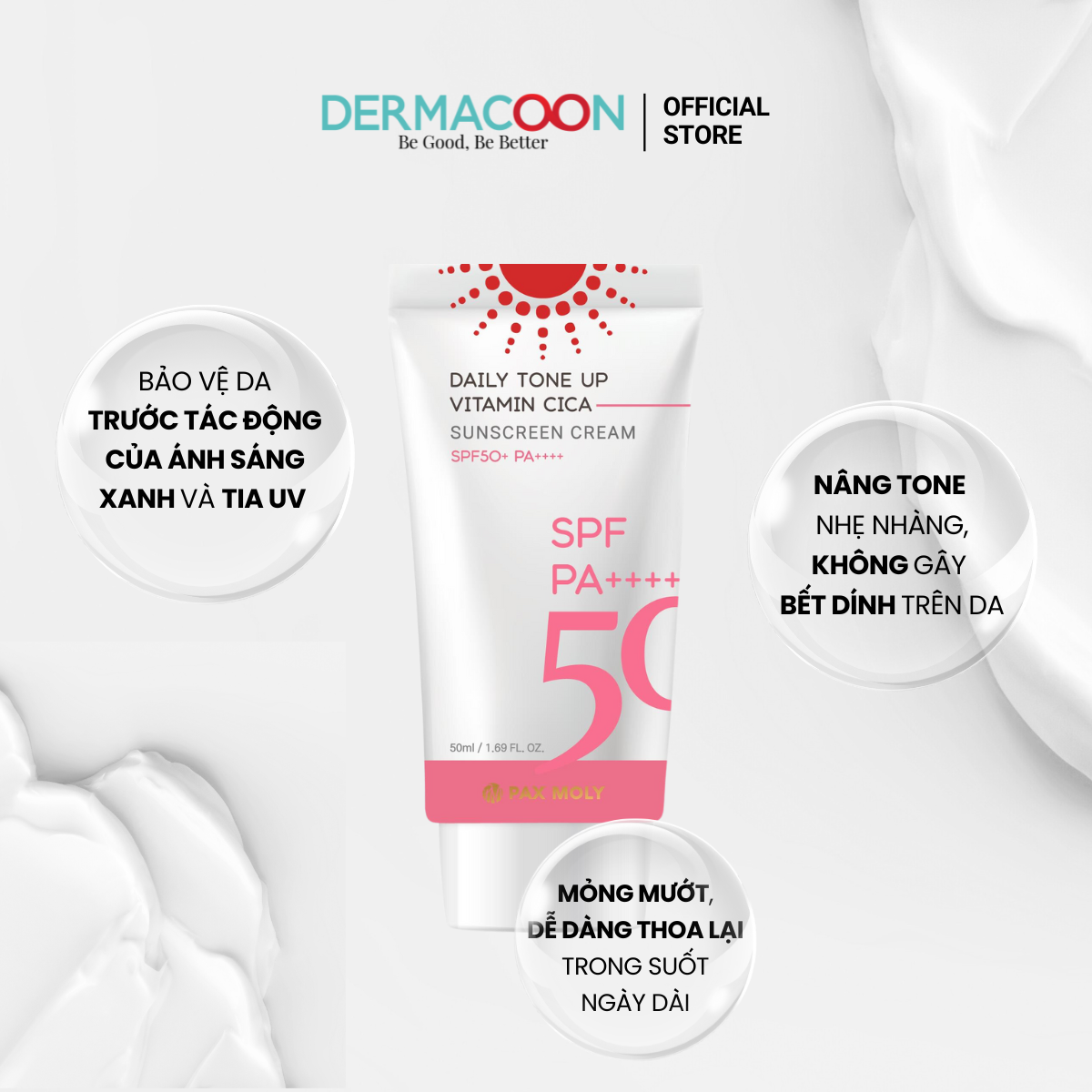 Kem chống nắng giúp kiềm dầu nâng tone chiết xuất rau má Pax Moly Daily Tone Up Vitamin Cica Sunscreen Cream 50ml