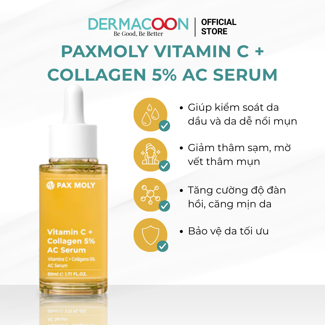 Tinh chất giúp dưỡng sáng và cải thiện độ đàn hồi da PAX MOLY Vitamin C + Collagen 5% AC Serum 50ml
