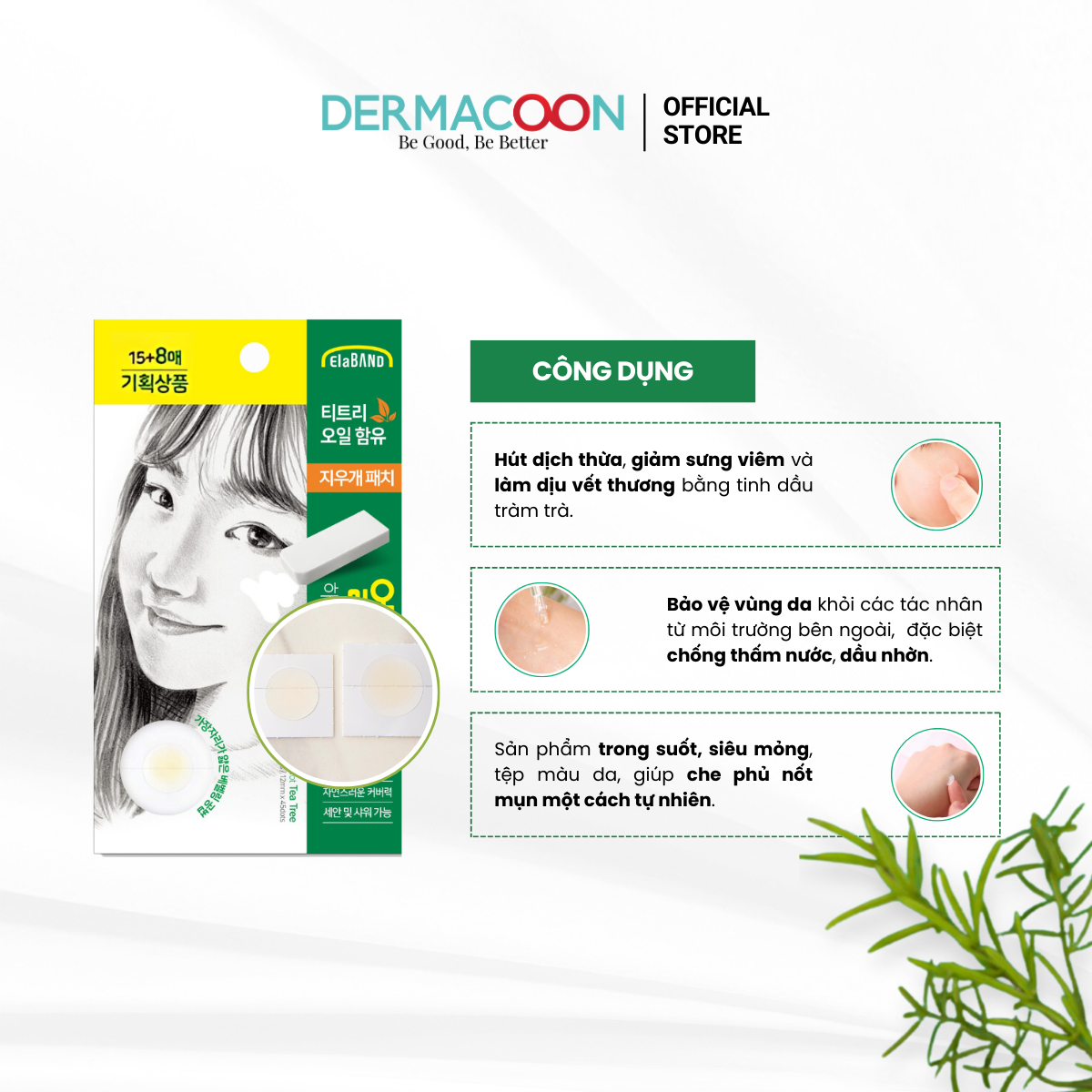 Hộp miếng dán mụn che khuyết điểm và giảm mụn Elaband Hydro Dot Tea Tree ( 3 gói )
