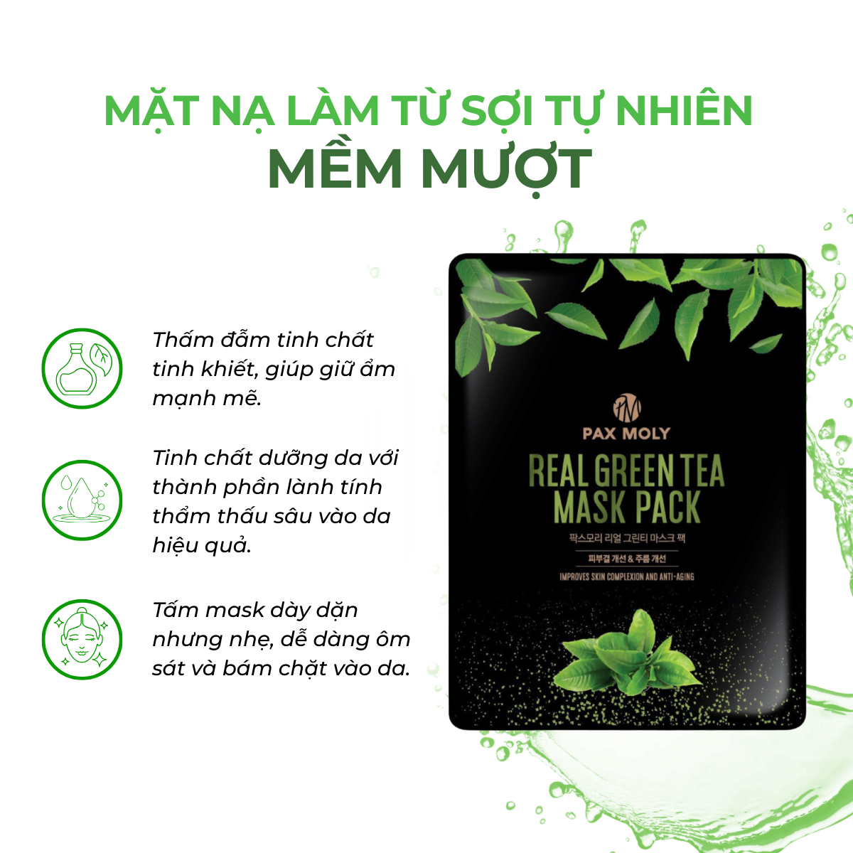 Mặt nạ dưỡng ẩm giảm sưng đỏ và se khít lỗ chân lông PAX MOLY Real Green Tea Mask Pack (Hộp 10 miếng)