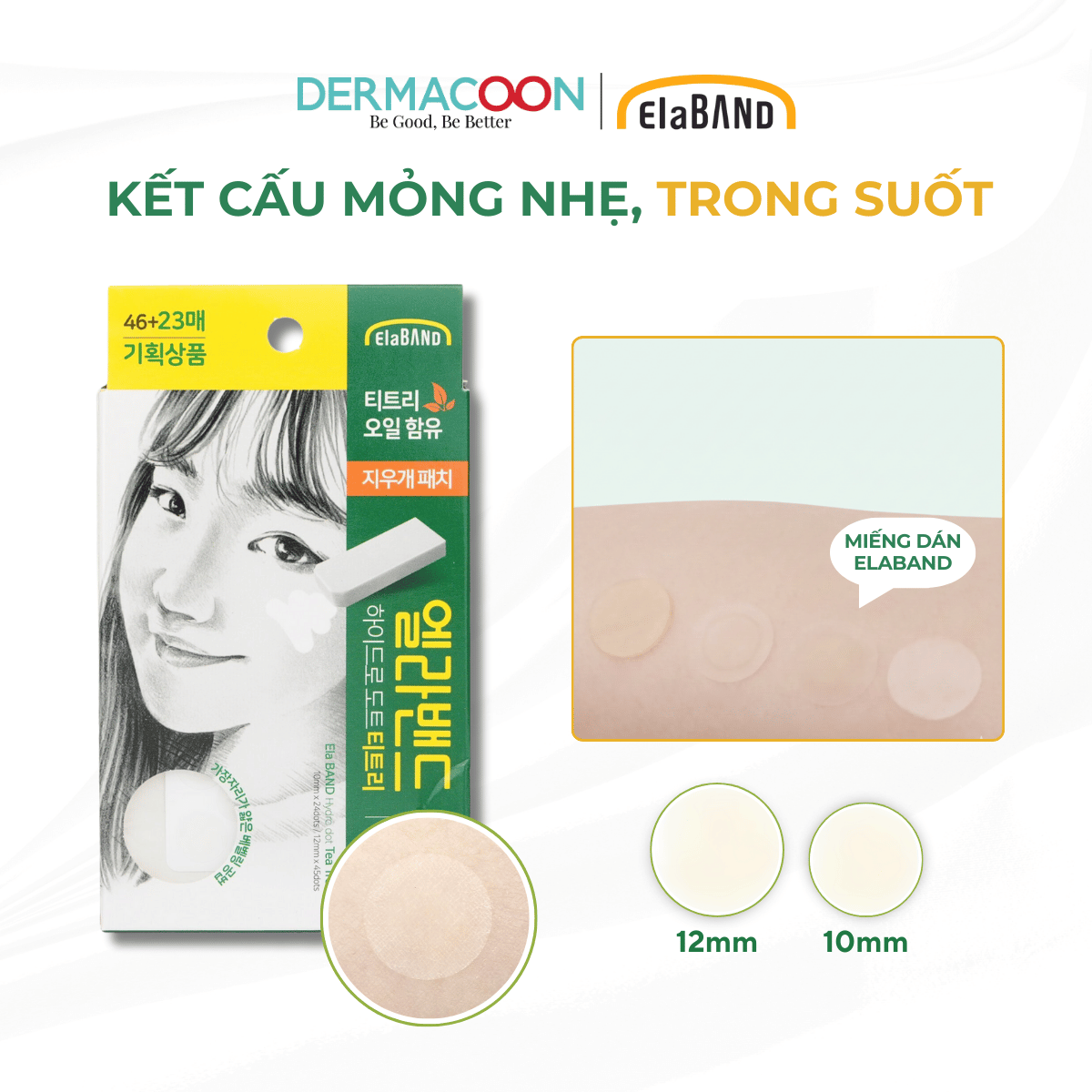 Miếng dán mụn che khuyết điểm và giảm mụn Elaband Hydro Dot Tea Tree (Hộp 23 miếng)