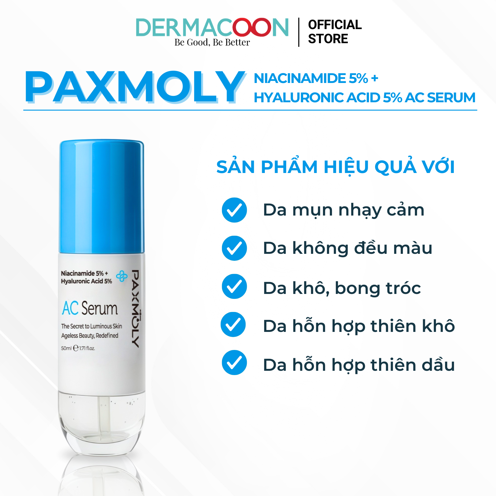 Tinh chất giúp dưỡng ẩm chuyên sâu và làm đều màu da PAX MOLY Niacinamide 5% + Hyaluronic Acid 5% AC Serum 50ml