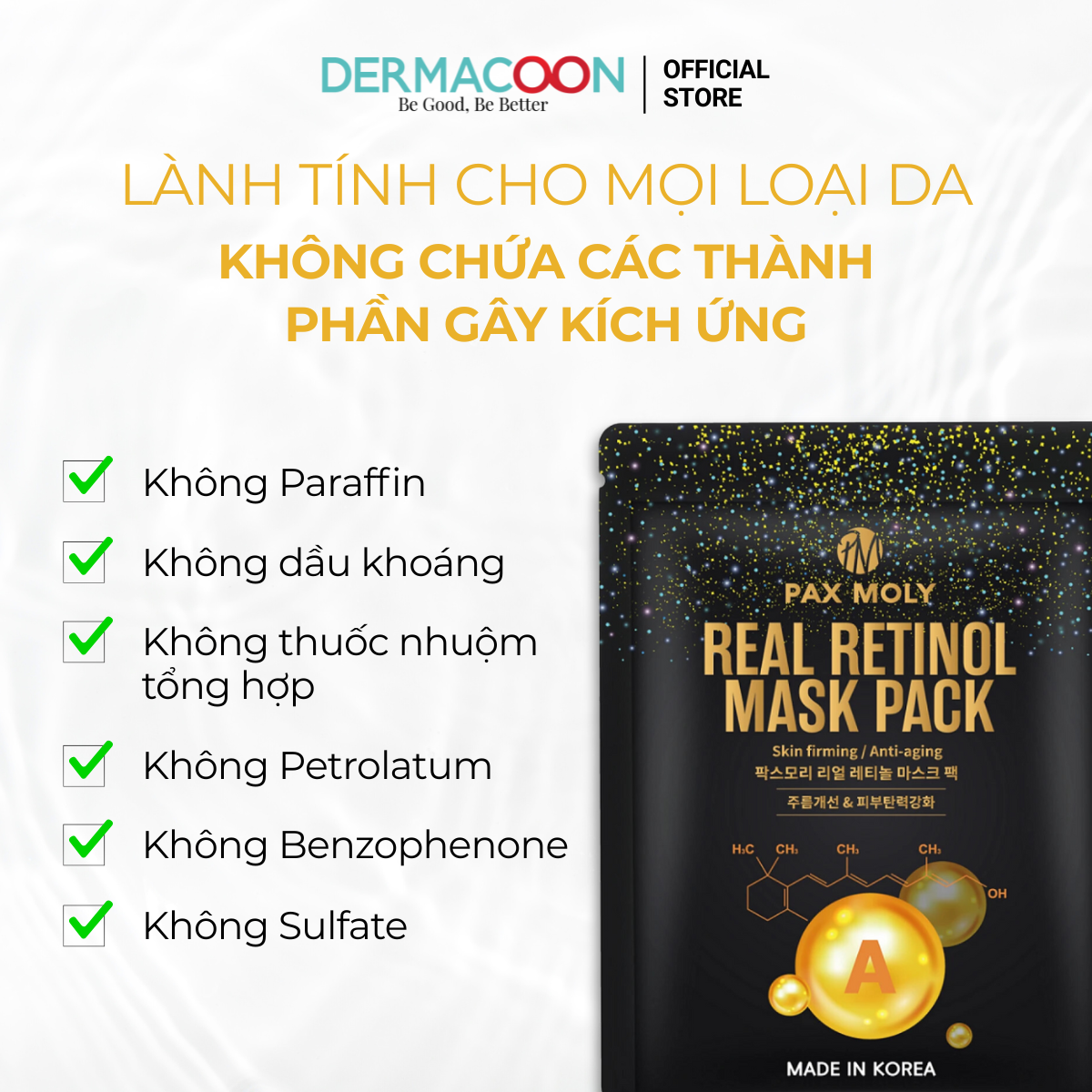 Mặt nạ dưỡng ẩm giúp tăng cường độ đàn hồi và giảm các dấu hiệu lão da PAX MOLY Real Retinol Mask Pack (Hộp 10 miếng)