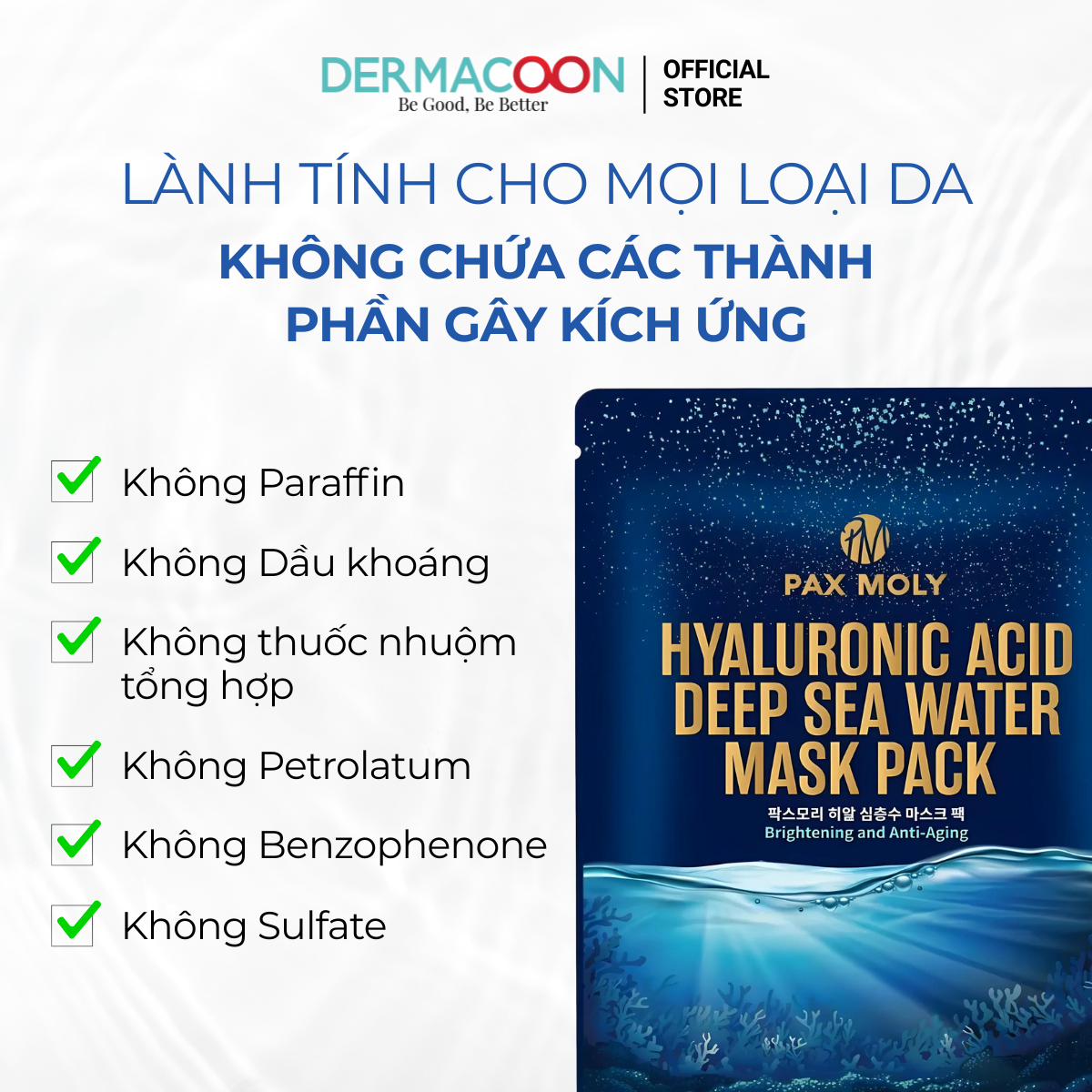 Mặt nạ dưỡng ẩm chuyên sâu giúp làm dịu kích ứng trên da khô PAX MOLY Hyaluronic Acid Deep Sea Water Mask Pack 5 Miếng