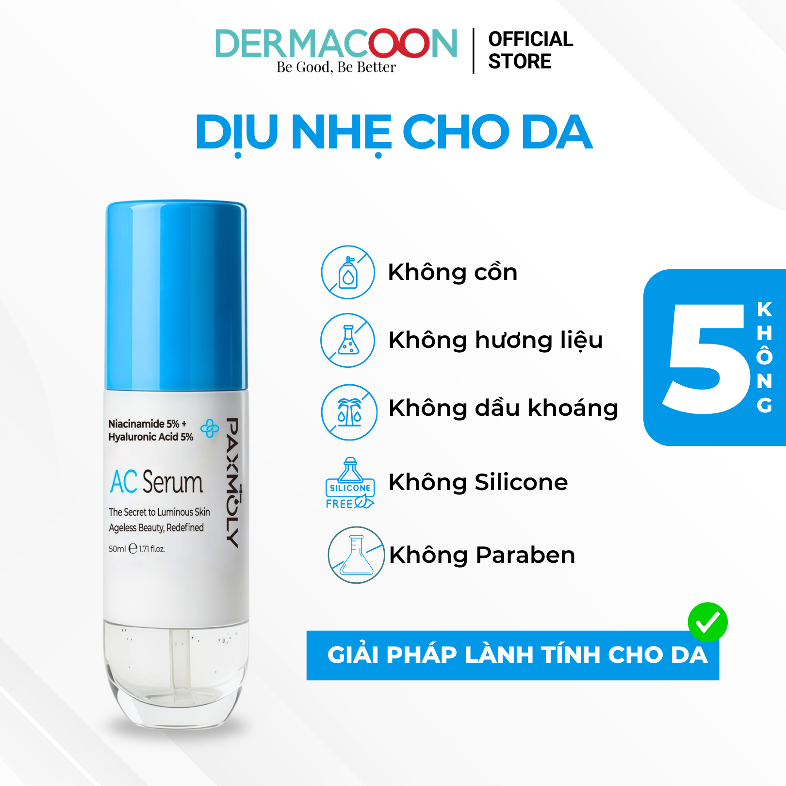 Tinh chất giúp dưỡng ẩm chuyên sâu và làm đều màu da PAX MOLY Niacinamide 5% + Hyaluronic Acid 5% AC Serum 50ml