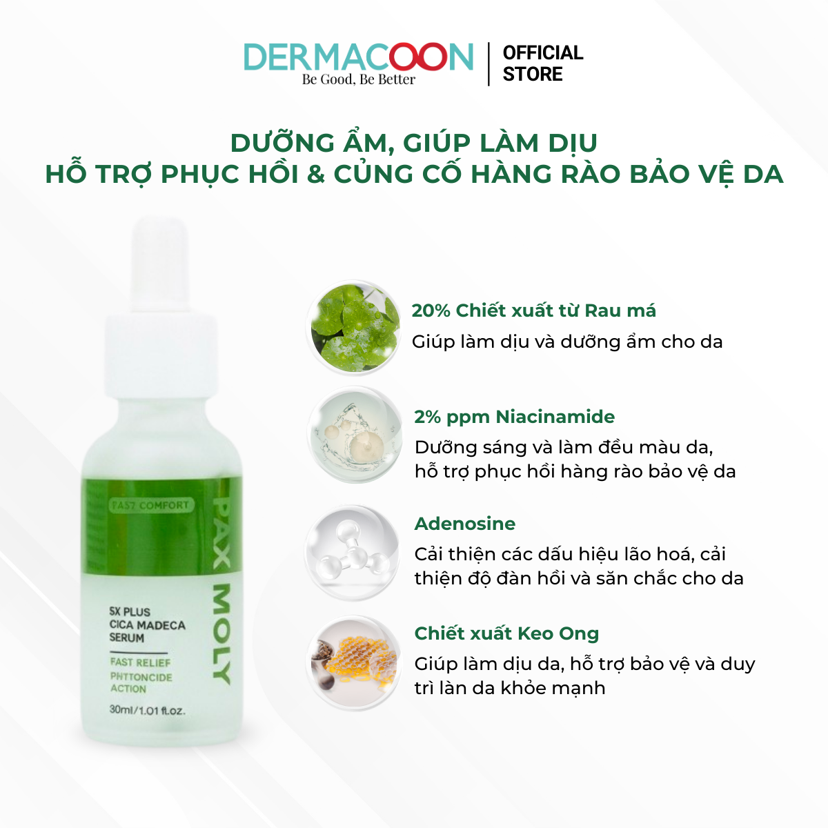 PAXMOLY 5x Plus Cica Madeca Serum 30ml Tinh chất Rau má giúp làm dịu, dưỡng ẩm và hỗ trợ phục hồi da