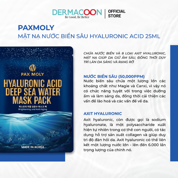 Mặt nạ dưỡng ẩm chuyên sâu giúp làm dịu kích ứng trên da khô PAX MOLY Hyaluronic Acid Deep Sea Water Mask Pack 5 Miếng