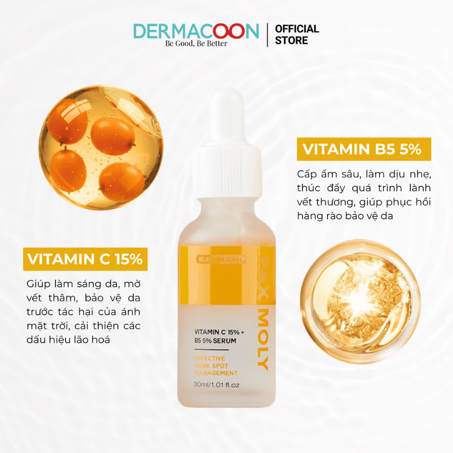 Tinh chất dưỡng sáng và làm giảm các dấu hiệu da thâm sạm PAX MOLY Vitamin C 15% + B5 5% Serum 30ml