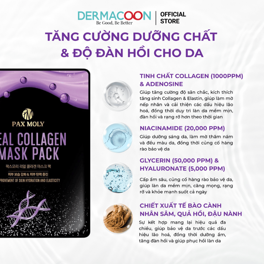 Hộp 10 miếng Mặt nạ dưỡng ẩm giúp da săn chắc, mịn màng và cải thiện độ đàn hồi da PAX MOLY Real Collagen Mask Pack