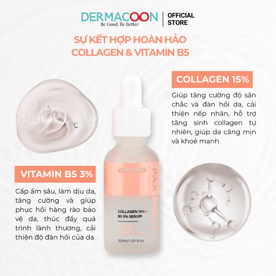 Tinh chất giúp cải thiện độ đàn hồi và làm dịu cho da nhạy cảm PAX MOLY Collagen 15% + B5 5% Serum 30ml