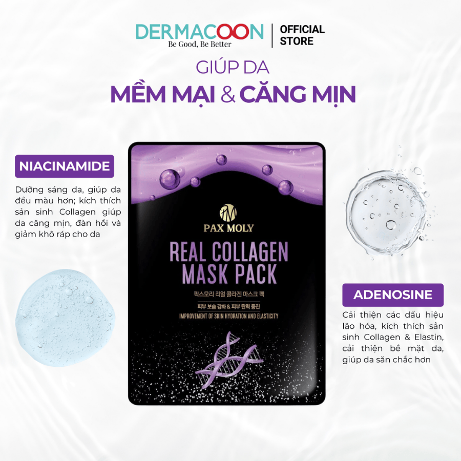 Hộp 10 miếng Mặt nạ dưỡng ẩm giúp da săn chắc, mịn màng và cải thiện độ đàn hồi da PAX MOLY Real Collagen Mask Pack