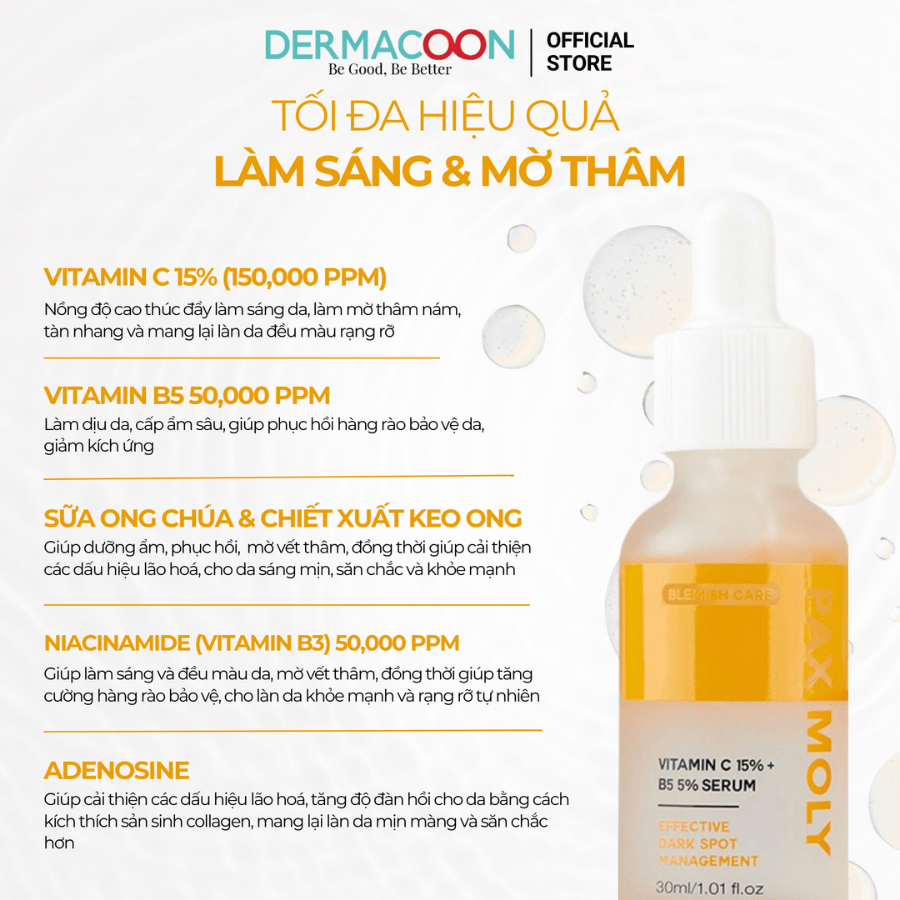 Tinh chất dưỡng sáng và làm giảm các dấu hiệu da thâm sạm PAX MOLY Vitamin C 15% + B5 5% Serum 30ml
