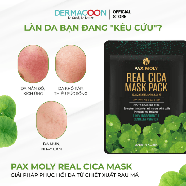 Miếng mặt nạ dưỡng ẩm giúp làm dịu, giảm kích ứng và cải thiện các vấn đề về da PAX MOLY Real Cica Mask Pack 5 Miếng