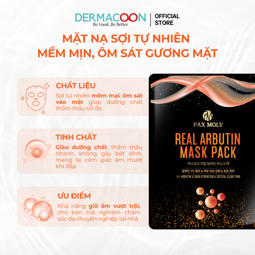 Mặt nạ dưỡng ẩm giúp dưỡng sáng và làm đều màu da PAX MOLY Real Arbutin Mask Pack (Hộp 10 miếng)