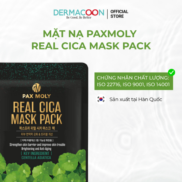 Miếng mặt nạ dưỡng ẩm giúp làm dịu, giảm kích ứng và cải thiện các vấn đề về da PAX MOLY Real Cica Mask Pack 5 Miếng