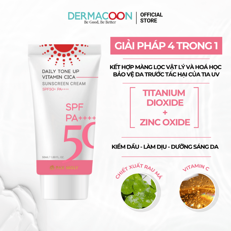 Kem chống nắng giúp kiềm dầu nâng tone chiết xuất rau má Pax Moly Daily Tone Up Vitamin Cica Sunscreen Cream 50ml