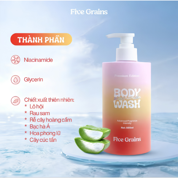 Sữa Tắm Nước Hoa Five Grains Niacinamide Body Wash 500ml – Giải Pháp Dưỡng Sáng, Mờ Thâm Toàn Thâ
