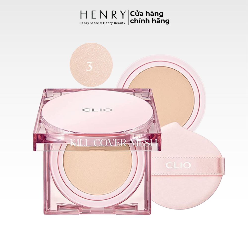 Cushion Clio Kill Cover Mesh Glow SPF50+, PA++++ #2BP Lingerie, #3BY Linen (Vuông Hồng, kèm 1 lõi))