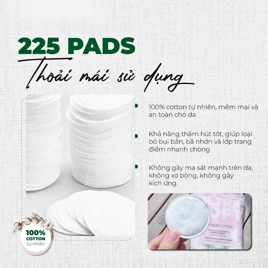 Bông Tẩy Trang Senademar 225 Miếng, Sợi Bông Tự Nhiên, Siêu Mềm Mịn & Không Xơ Bông