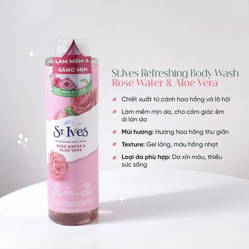Sữa tắm tẩy tế bào chết ST.Ives Rose Water & Aloe Vera 650ml