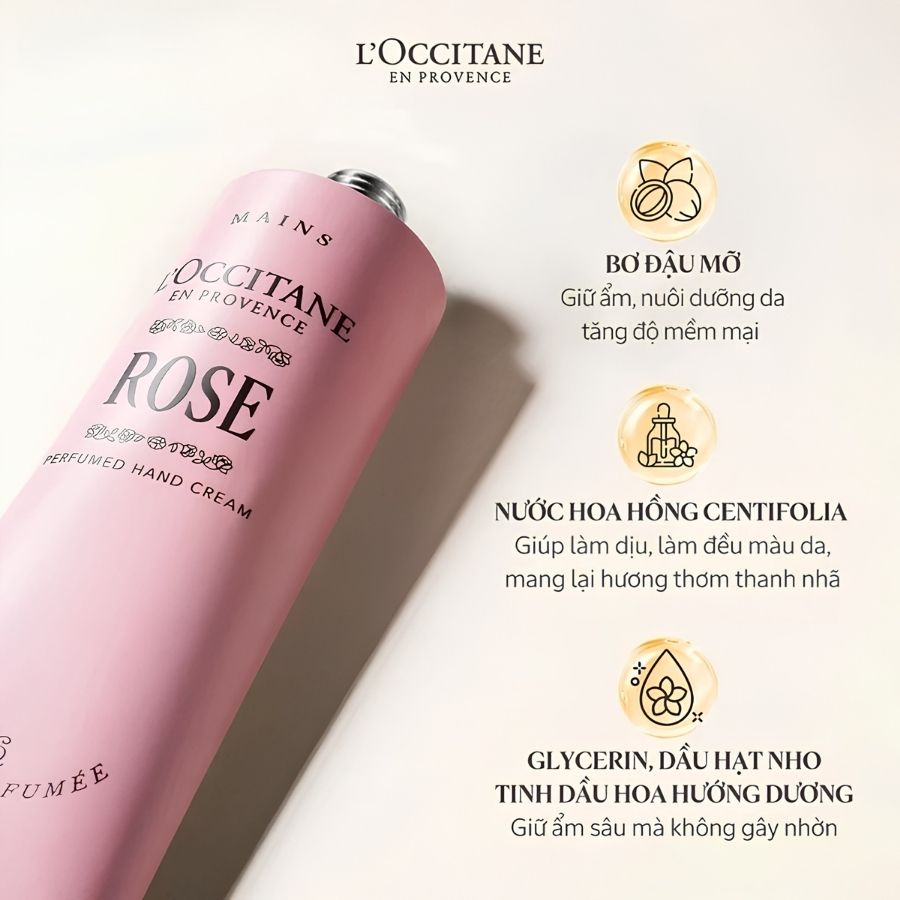 Kem Dưỡng Tay L'Occitane Rose Perfumed Hand Cream 150ml – Dưỡng Ẩm Mềm Mịn, Hương Hoa Hồng Pháp Thanh Lịch