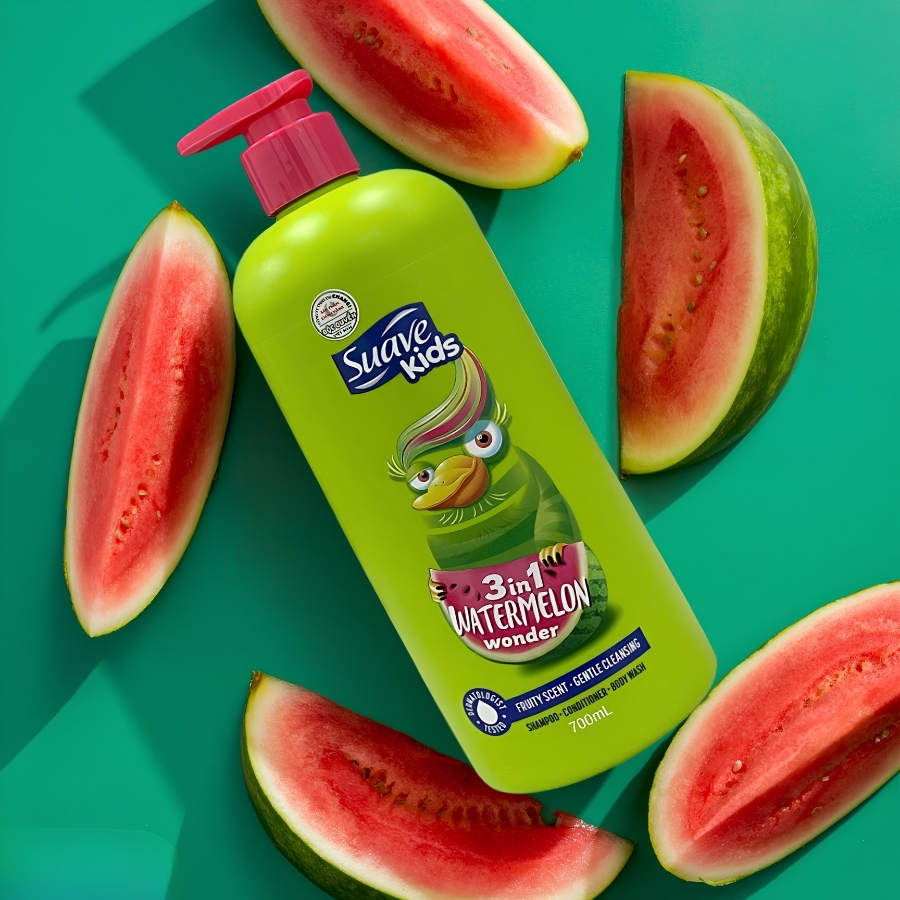 Sữa Tắm Gội Xả Suave Kids 3-in-1 Watermelon Wonder 700ml – Làm Sạch Dịu Nhẹ, Hương Dưa Hấu Thơm Mát