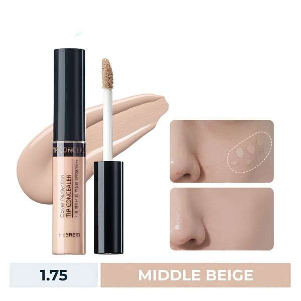 Kem Che Khuyết Điểm The SAEM Cover Perfection Tip Concealer Tone 1.75 Middle Beige 6.5g – Che Phủ Tự Nhiên, Kiềm Dầu & Lâu Trôi