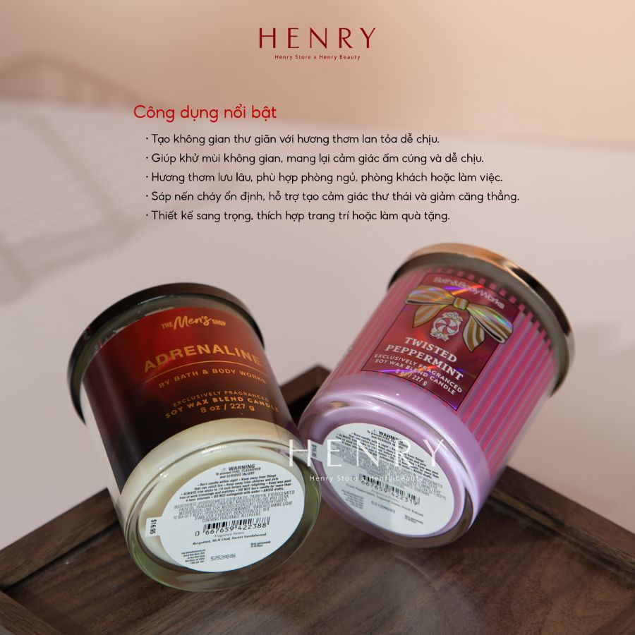 Nến Thơm 1 Bấc Bath & Body Works Twisted Peppermint 227g Hương Bạc Hà Băng Giá & Vanilla Ngọt Ngào