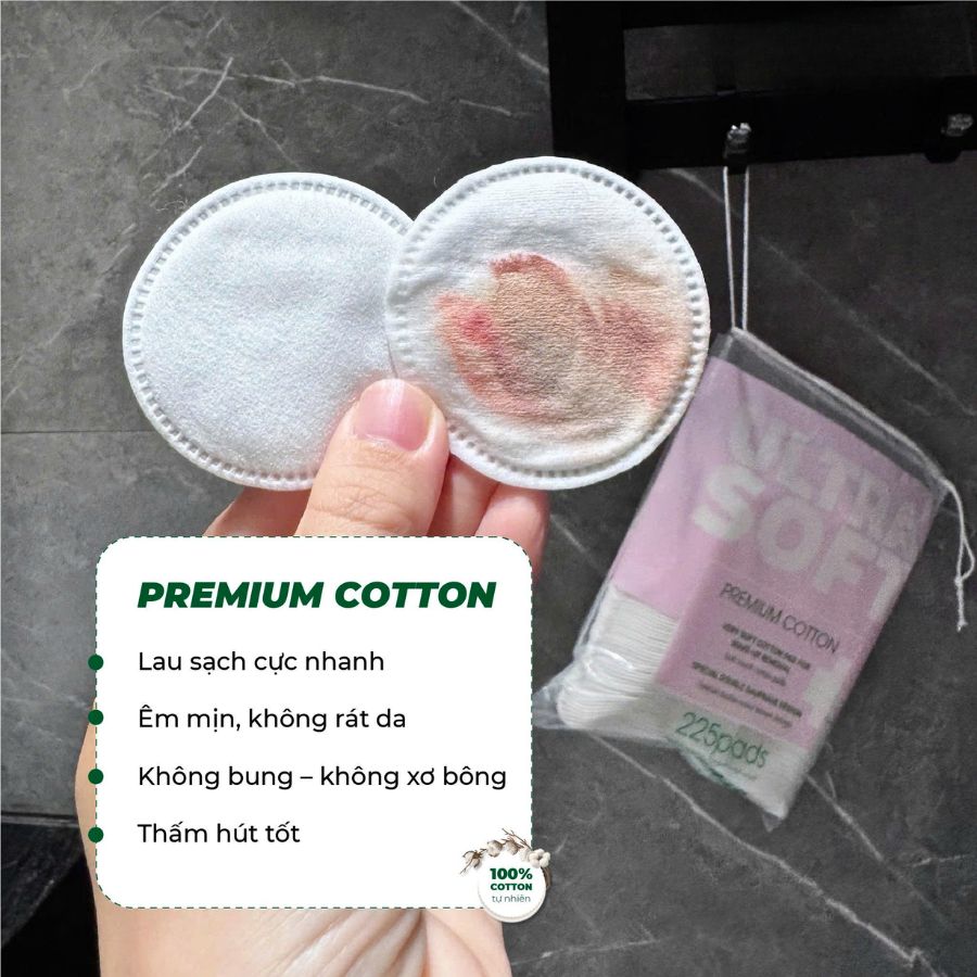 Bông Tẩy Trang Senademar 225 Miếng, Sợi Bông Tự Nhiên, Siêu Mềm Mịn & Không Xơ Bông