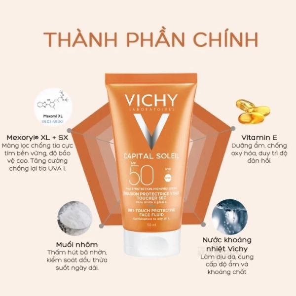 Kem Chống Nắng Vichy Capital Soleil Dry Touch Face Fluid SPF50+ 50ml – Kiềm Dầu, Bảo Vệ Da Toàn Diện & Nâng Tông Tự Nhiên