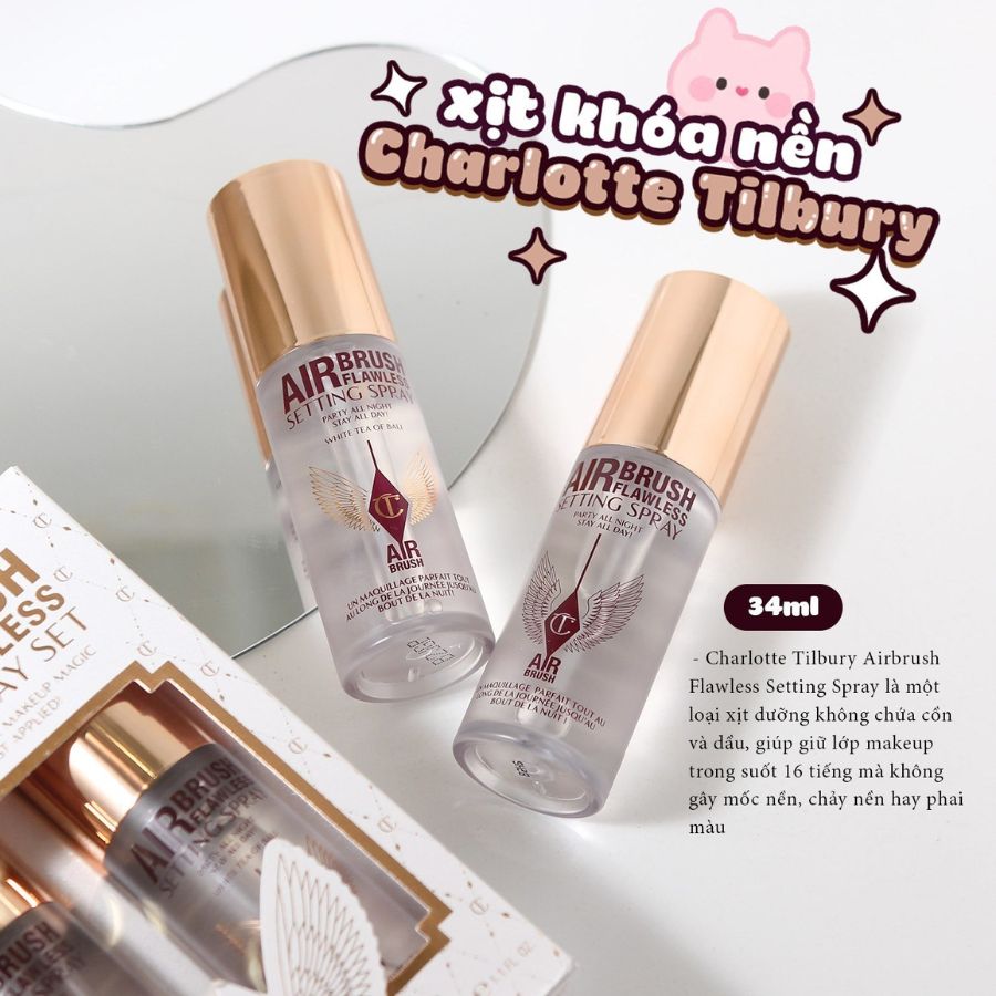 [Mini 15ml/ HSD T10/2026] Xịt Khóa Nền Charlotte Tilbury Airbrush Flawless Setting Spray Bí Quyết Lớp Nền "Không Tì Vết" Suốt 16 Giờ