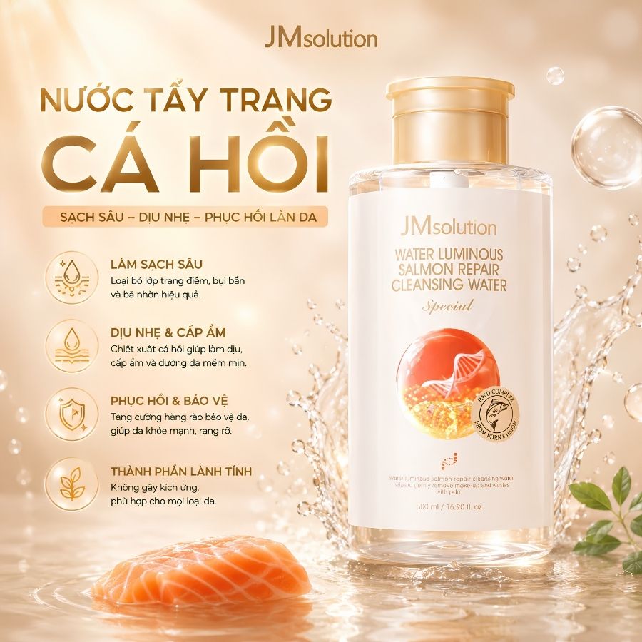 Nước Tẩy Trang JM Solution Trứng Cá Hồi Water Luminous Salmon Repair Cleansing Water 850ml – Làm Sạch Sâu, Dưỡng Ẩm & Dịu Nhẹ Cho Mọi Loại Da