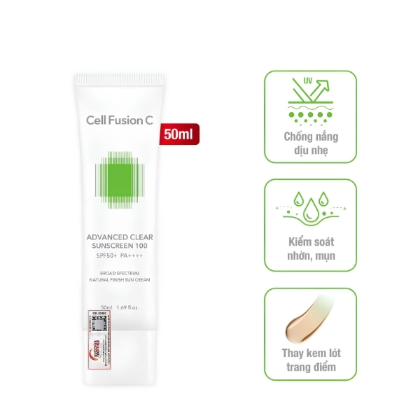 Kem Chống Nắng Cell Fusion C Advanced Clear Sunscreen 100 SPF50+ PA++++ 50ml – Kiểm Soát Dầu, Hiệu Chỉnh Tone Da