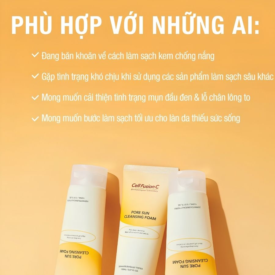 [ Hàng Công ty] Sữa Rửa Mặt Dưỡng Sáng Cell Fusion C Pore Sun Cleanser 150ml - Làm Sạch Sâu, Hỗ Trợ Giảm Thâm & Dưỡng Da Rạng Rỡ