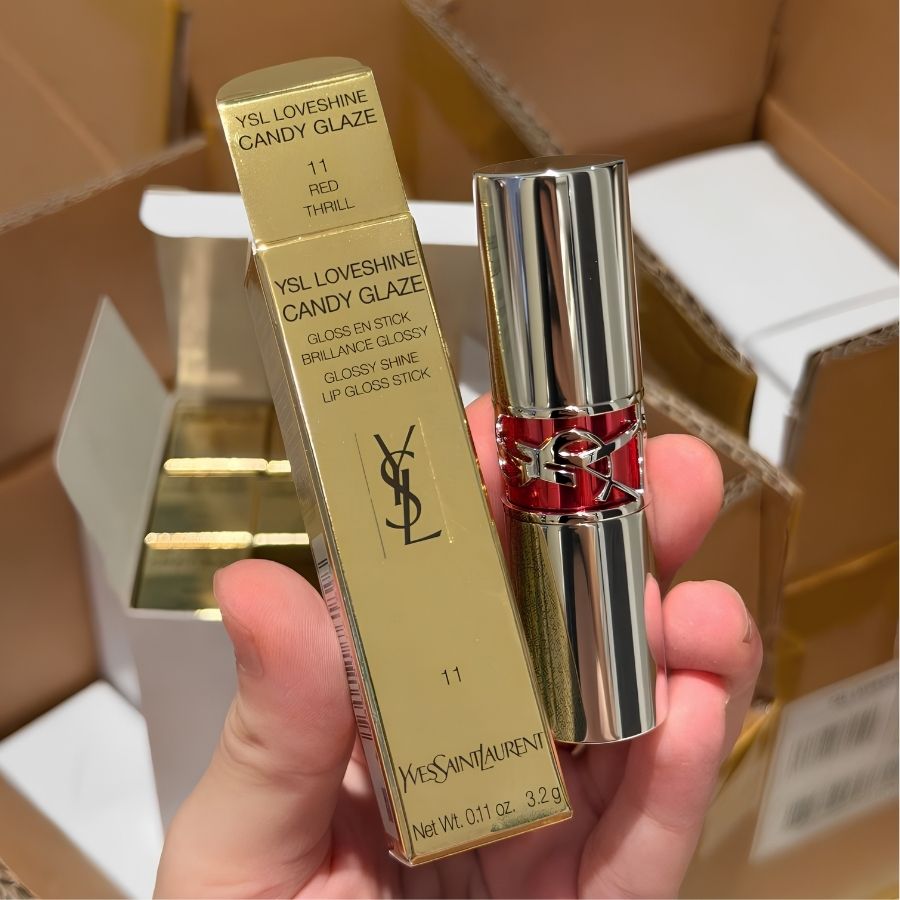 [Fullsize] Son Dưỡng YSL Rouge Volupte Candy Glaze 11 Red  Thrill – Đỏ Cam Tươi Tắn, Cho Đôi Môi Căng Mọng