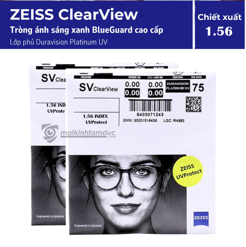 Tròng kính lọc ánh sáng xanh ZEISS ClearView Duravison Platinum 1.56