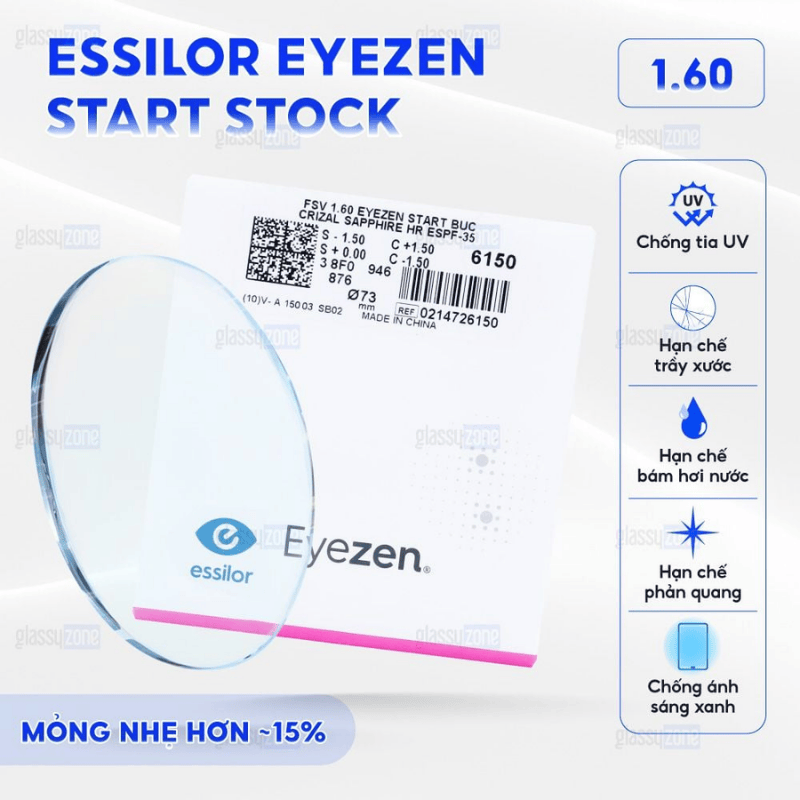 Tròng Eyezen Start stock 1.56 lọc ánh sáng xanh chống mỏi mắt