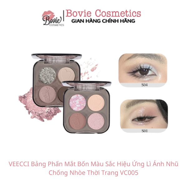 VEECCI Bảng Phấn Mắt Bốn Màu Sắc Hiệu Ứng Lì Ánh Nhũ Chống Nhòe Thời Trang VC005