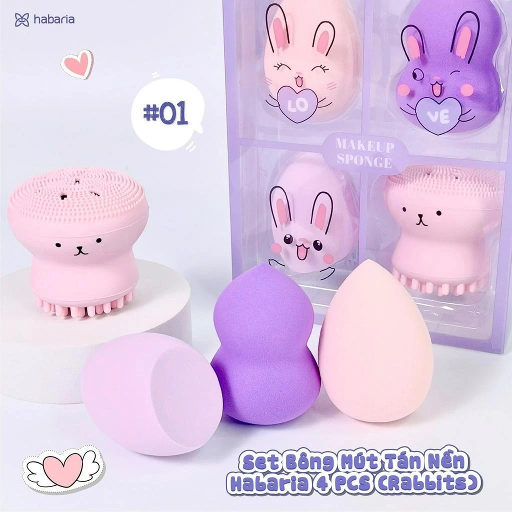 Set 4 bông mút trang điểm Habaria ( có bạch tuộc rửa mặt)