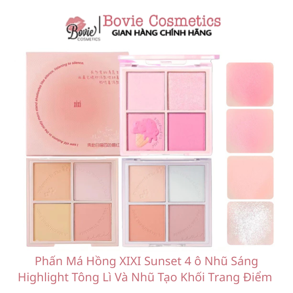 Phấn Má Hồng XIXI Sunset 4 ô Nhũ Sáng Highlight Tông Lì Và Nhũ Tạo Khối Trang Điểm D511
