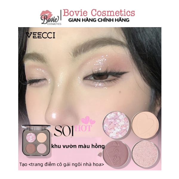 VEECCI Bảng Phấn Mắt Bốn Màu Sắc Hiệu Ứng Lì Ánh Nhũ Chống Nhòe Thời Trang VC005