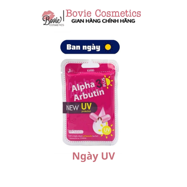 Vỉ 10 Viên Bột Kích Trắng Kyra Alpha Arbutin 3 Plus Đêm, Ngày UV Giúp Da Trắng Mịn Hàng Thái Lan Chính Hãng