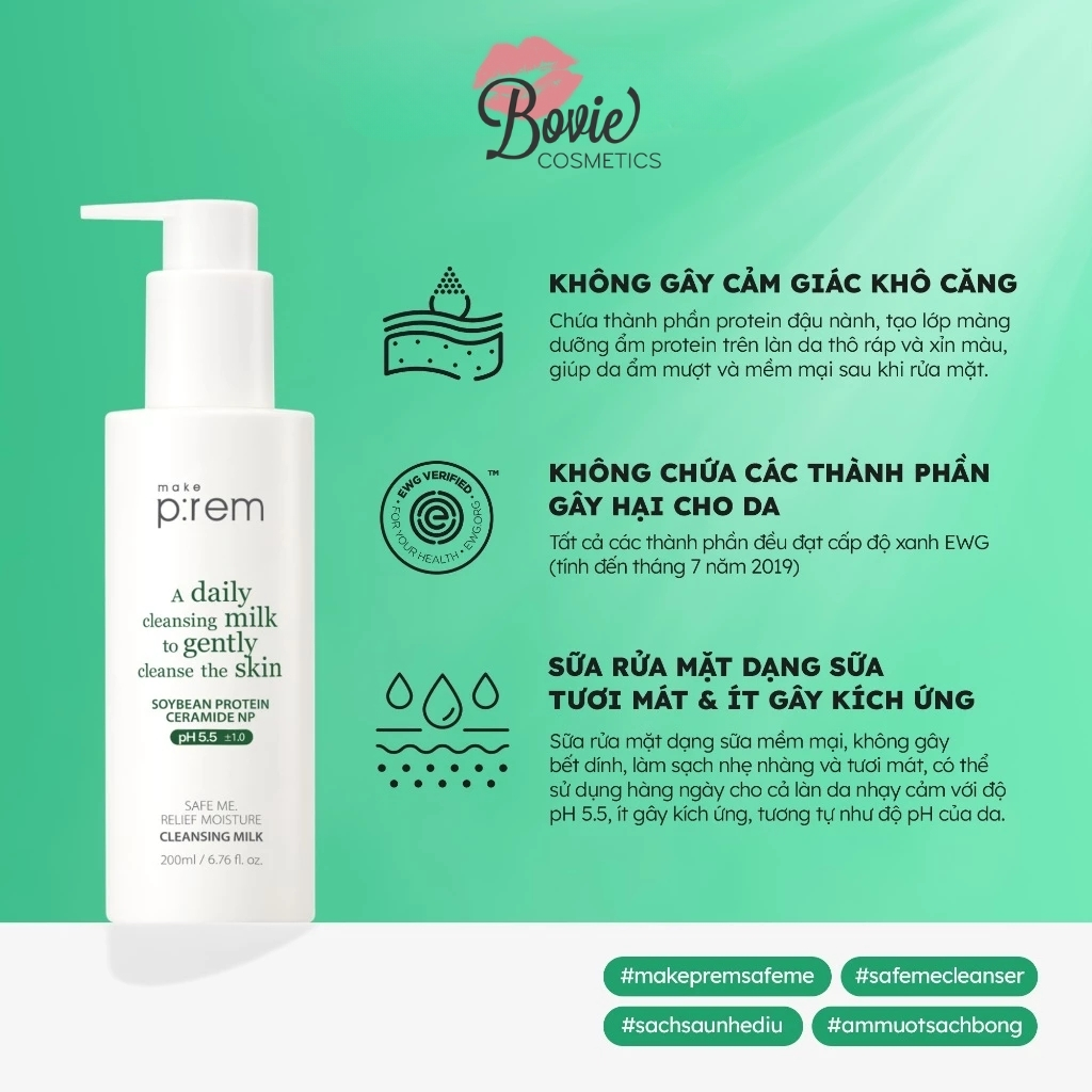 Sữa Rửa Mặt, Sữa Tẩy Trang Make P:rem Safe me Relief Moisture Cleansing Milk