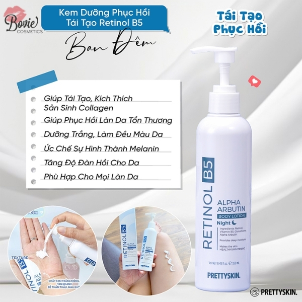 Kem Dưỡng Body Ban Ngày Và Ban Đêm Prettyskin  Retinol B5 Alpha Arbutin Body Lotion & Glutathione V10 Alpha Arbutin Body Lotion