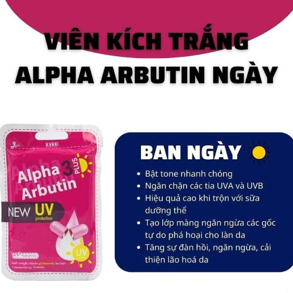 Vỉ 10 Viên Bột Kích Trắng Kyra Alpha Arbutin 3 Plus Đêm, Ngày UV Giúp Da Trắng Mịn Hàng Thái Lan Chính Hãng