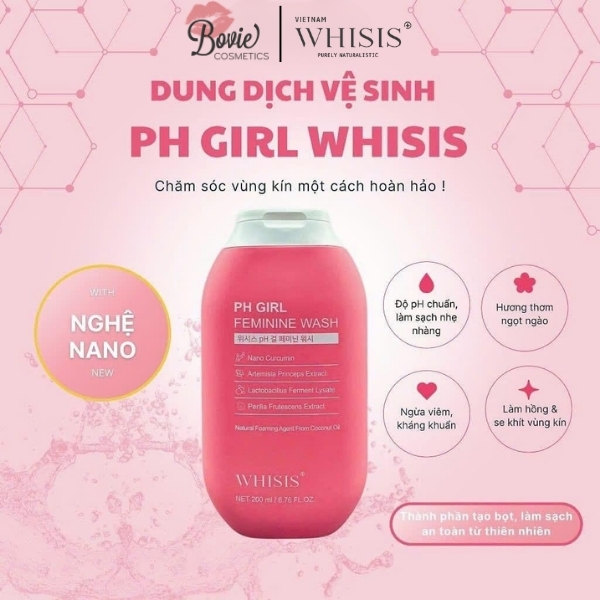 Dung Dịch Vệ Sinh Phụ Nữ X2 Nghệ Nano Whisis pH Girl Feminine Wash 200ml Làm Sạch, Khử Mùi, Dưỡng Ẩm, Giảm Viêm An Toàn