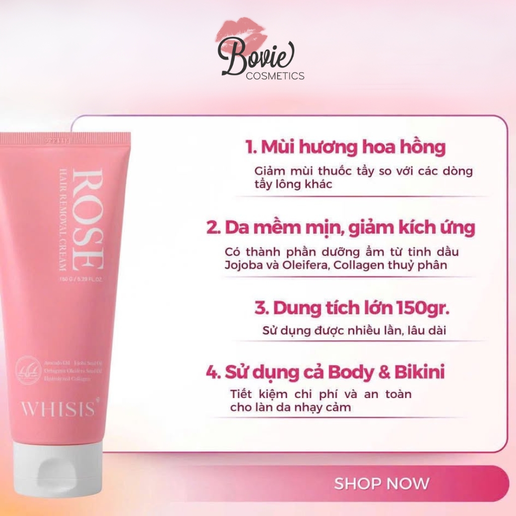 Kem tẩy lông Whisis Rose Hair Removal Cream 150ml - Tặng kèm khăn ướt