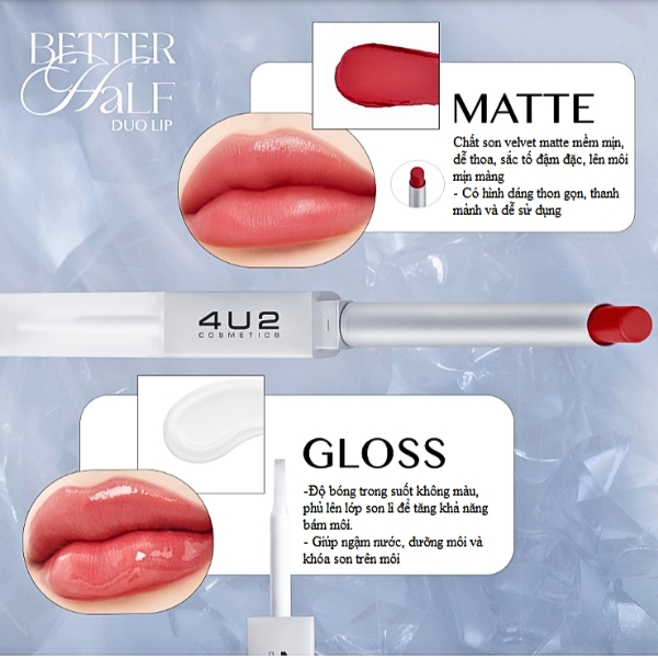 Son 4U2 2 Đầu Dạng Thỏi Better Half Duo Lip Kèm Đầu Son Bóng Khóa Màu Lì, Không Lem Trôi 24g