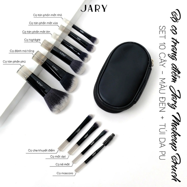 Bộ cọ trang điểm Jary Make Up Brush Set 10 Cây Kèm Túi Đựng da PU
