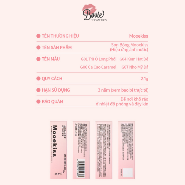 Son Mooekiss Aqua Gloss thiết kế độc đáo xinh xắn, dưỡng ẩm môi 2.1g